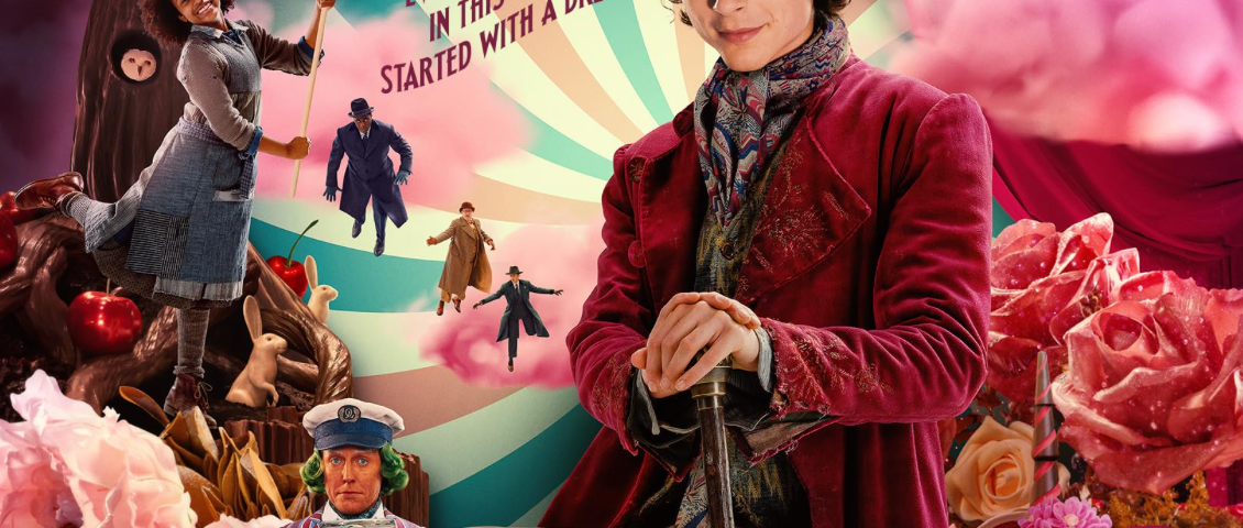 This is a movie poster from the film Wonka. There are lots of colors and it shows the actors in the film including a oompa loompa. It also shows flowers made of candy. Film review, Wonka, Timothée Chalamet