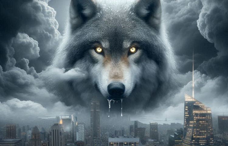 A salivating evil wolf head appearing out of the fog overlooking a city.