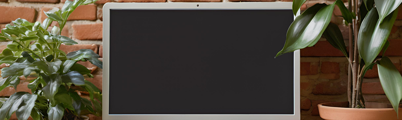 A desktop computer sits on a table with plants around it in front of a brick wall