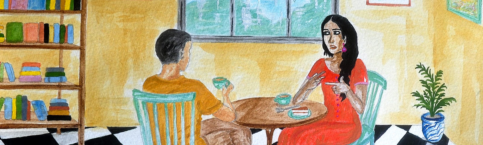 An illustration of two people seated across a table in a room and having a conversation. One of them is signing to the other.