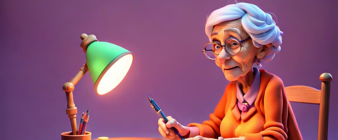 Old lady at writing desk with blank paper