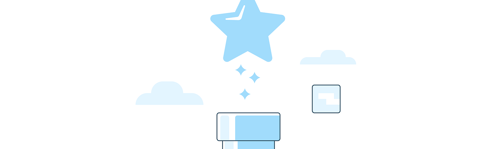 A stylized illustration resembling a video game scene with a light blue star rising out of a light blue pipe. There are clouds in the background and a small blue square block floating on the right side of the image. The star is emitting smaller star sparkles as it ascends.