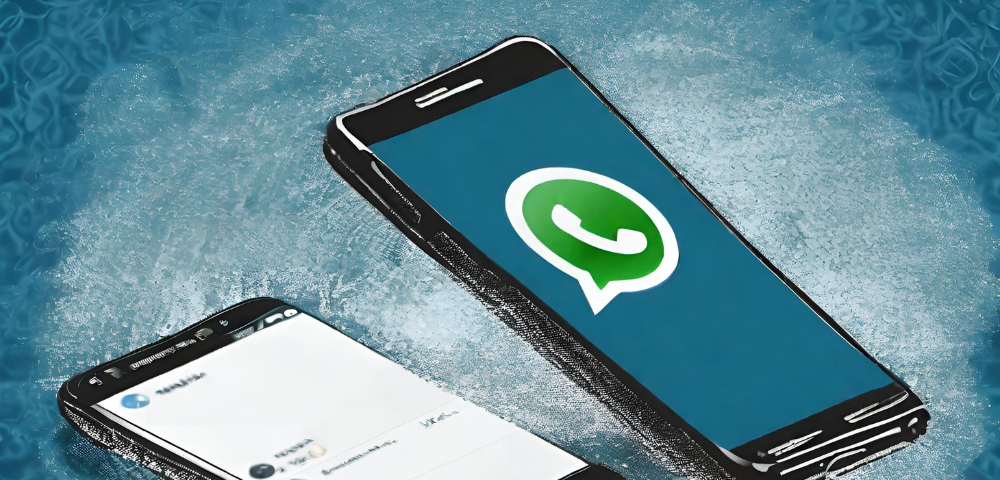 Illustration of two smartphones showing WhatsApp. Blue background