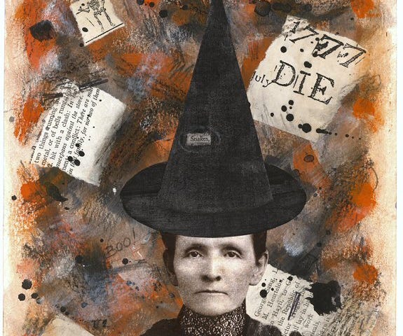 A imagem mostra mulher com um chapéu pontudo e preto. Ela é uma bruxa.