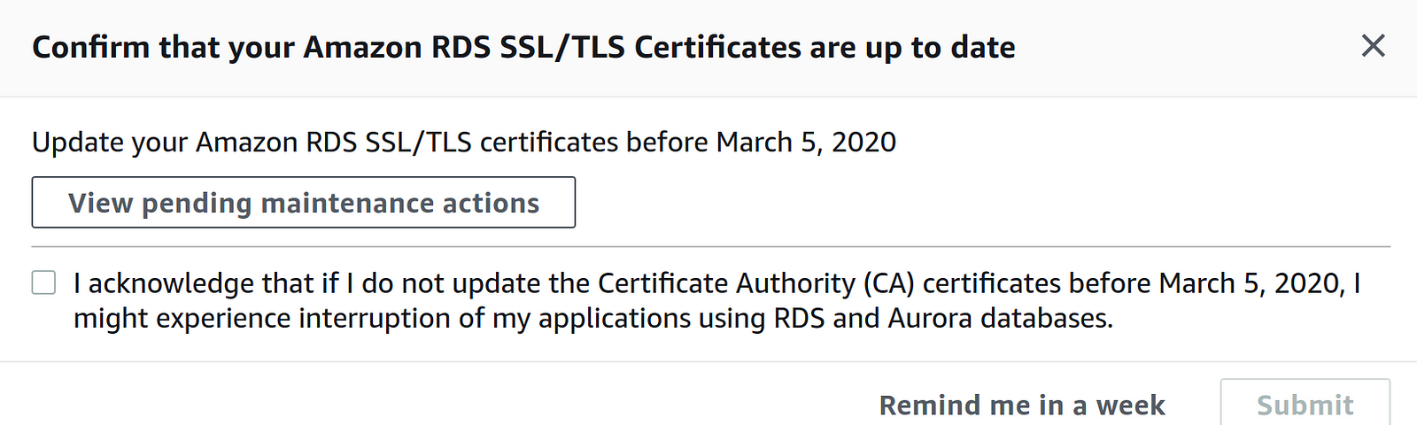 Screenshot of on-screen alert, titled “Confirm that your Amazon RDS SSL/TLS Certificates are up to date”