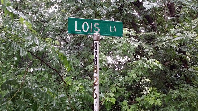 The street sign on North Kansas that my Cousin Lois put up and which reads “Lois Lane.”