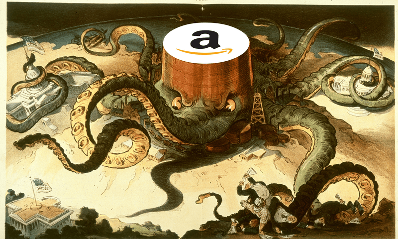 Amazon depicted over a 1904 satirical cartoon by Joseph Keppler, parodying its control over the industry.