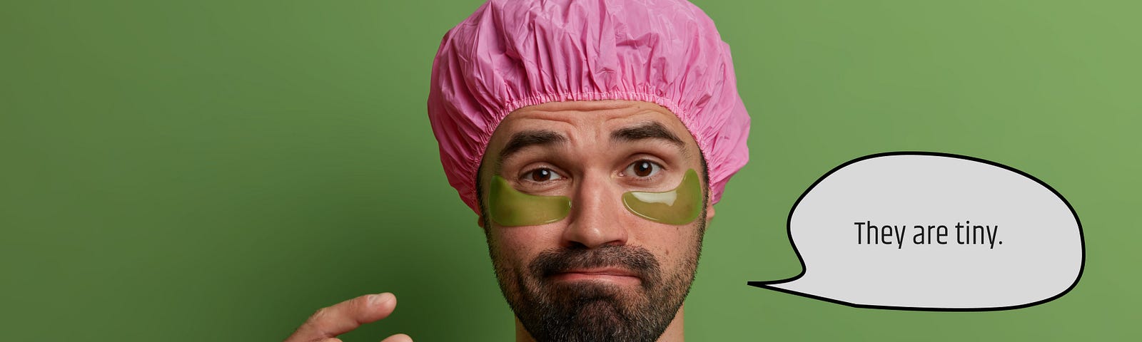 adult man with hydrogel patches under eyes for reducing puffines, wears waterproof shower cap.