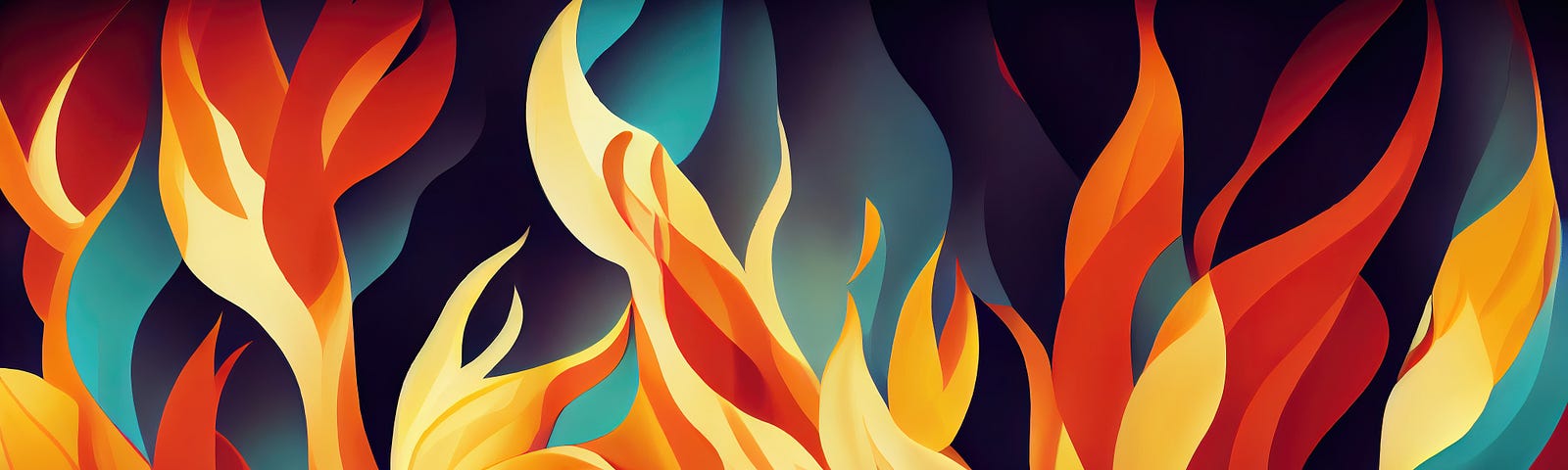 A stylized illustration of flames, licking up ominously in shades of red, yellow, and orange, against a dark blue and black cave-like background.