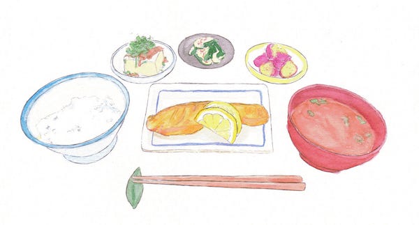 An illustration of a Japanese breakfast of fish, rice, miso, etc.