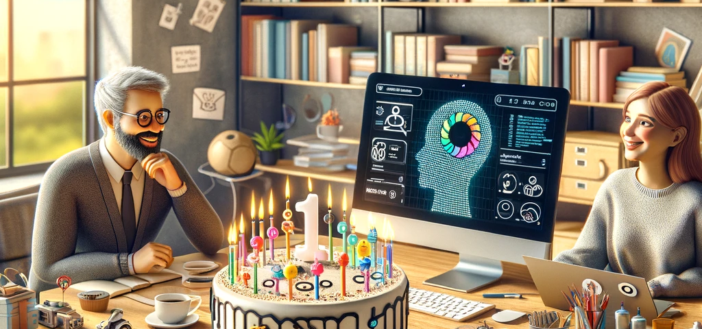 Image created by the Author via DALL-E 3: Celebrating my 1st anniversary with ChatGPT: technology and love converge in a modern office, with a cake adorned with AI symbols from OpenAI.