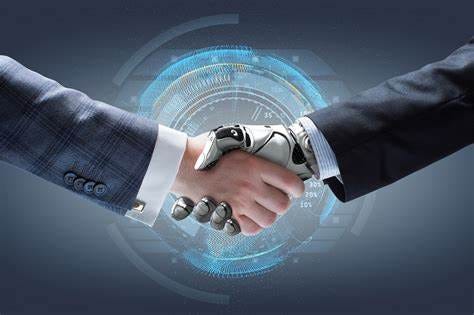 An image of an Artificial Intelligence robot handshaking a business person. Showing how AI works with the business world.