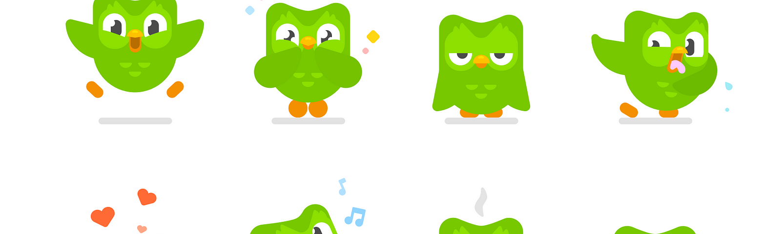 Various expressive poses of a green owl mascot, showing emotions like happiness, shyness, indifference, surprise, love, joy, anger, and curiosity, with orange feet and a playful, animated style.