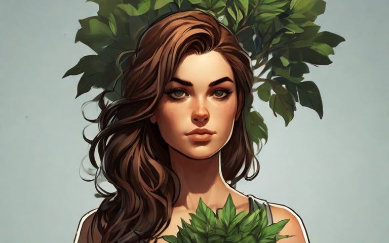 Young woman with a green tree in her hand looking straight ahead with confidence. Image created by the author in Leonardo. AI
