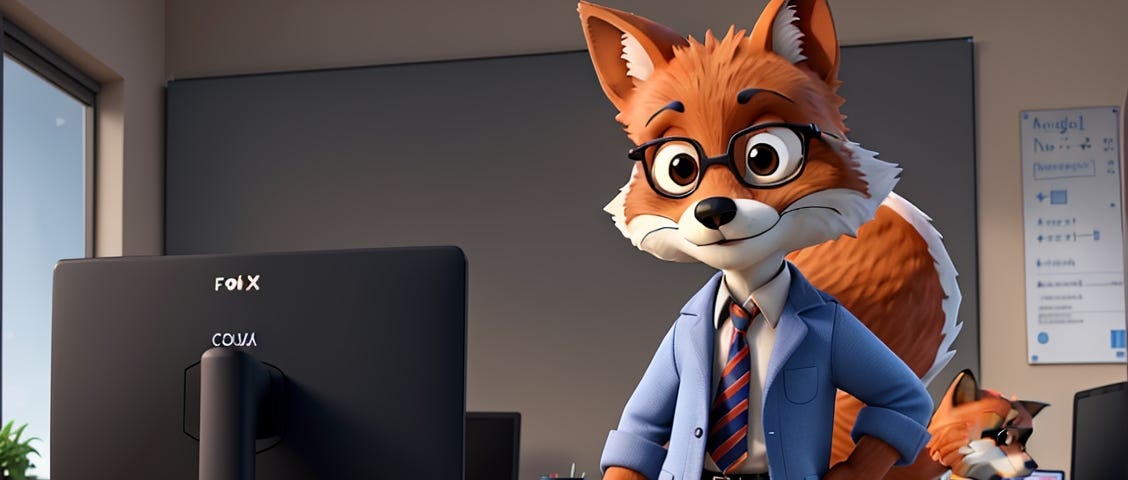 An AI-generated fox in the style of a Pixar 3D animation, wearing a light-blue jacket with the sleeves rolled up, a white shirt, red and navy blue striped tie and dark grey pants, standing in fron of a desk in an office. His colleague is sitting at a desk behind him, with their head turned around and looking towards the camera, and seemingly disgruntled.