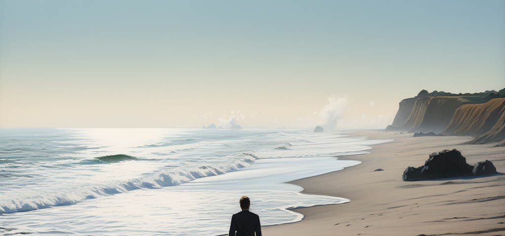 Seen from behind, a man walks alone along a California seashore.