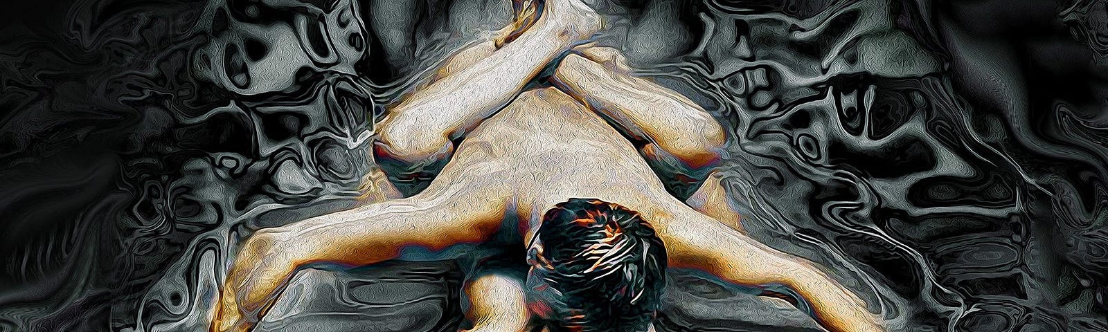 A couple reaching orgasm for the woman, in a misionary sex position — erotic art by Samarel