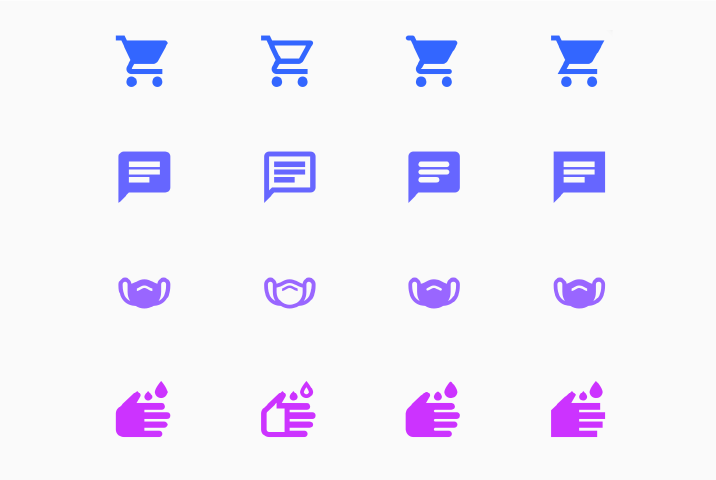 Sample of 4 icons: shopping_cart, chat, masks, wash shown in the 4 supported styles: filled, outlined, rounded, sharp.