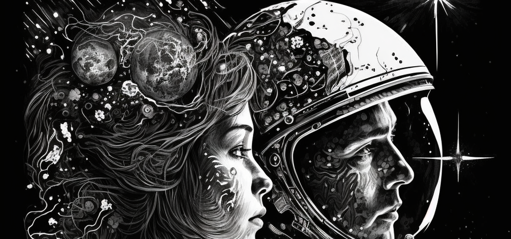 black and white artwork of an astronaut and a woman with long hair