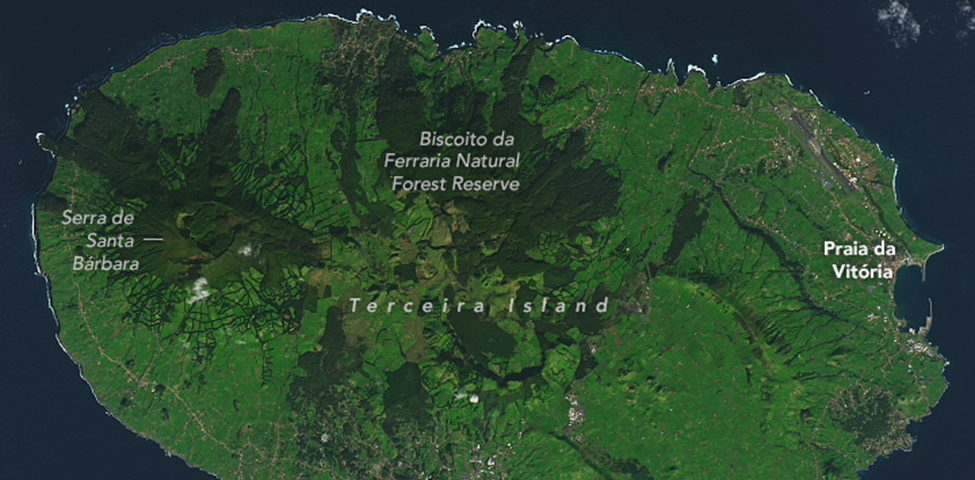 File: Terceira from space 2020.jpg, Author NASA Earth Observatory, this file is in the public domain in the United States because it was solely created by NASA. NASA copyright policy states, “NASA material is not protected by copyright unless noted”. File: Terceira from space 2020.jpg — Wikimedia Commons