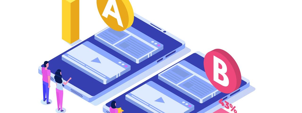 Isometric illustration of a/b testing two web designs on mobile