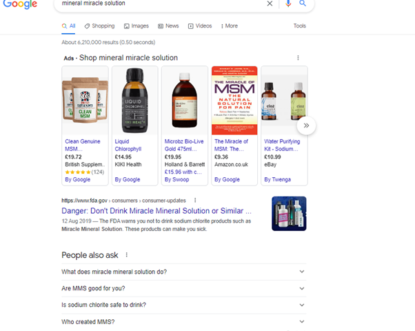 Search engine results from Google for the search term ‘Mineral Miracle Solution’