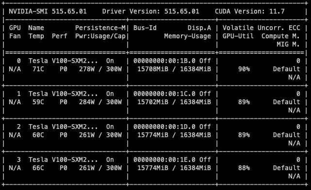 nvidia-smi output demonstrating that all four GPUs were utilised during training.