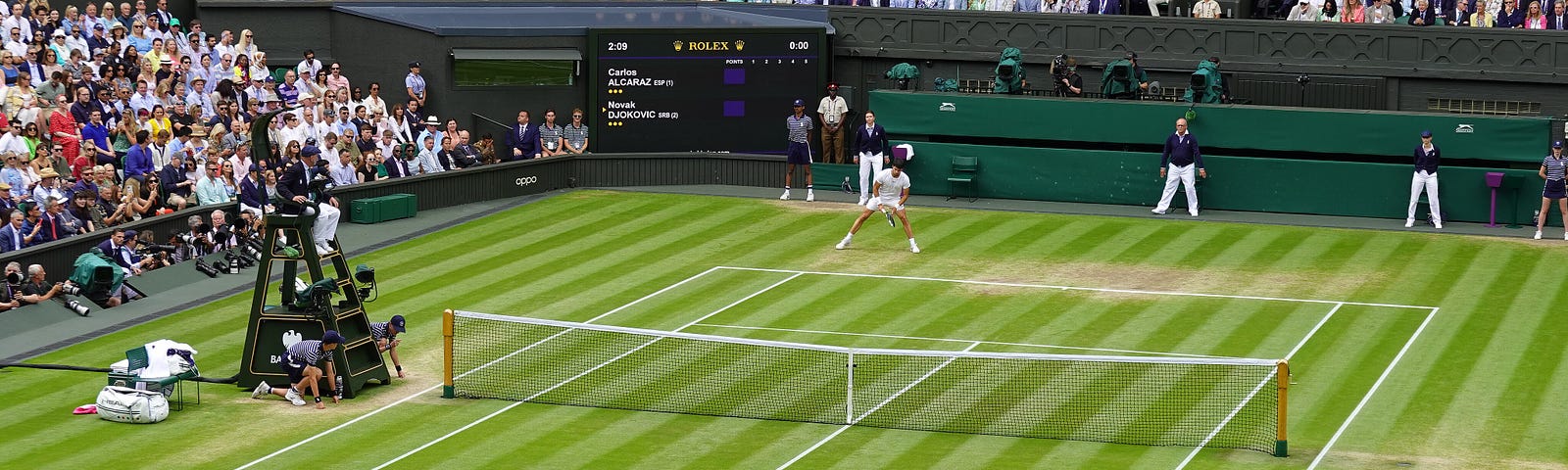 Novak Djokovic prepares to serve in the Wimbledon Men’s Final, 2023