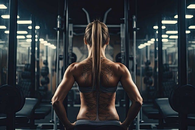 a well-muscled woman’s back -she’s working out in a gym. (Real Insight has your back)
