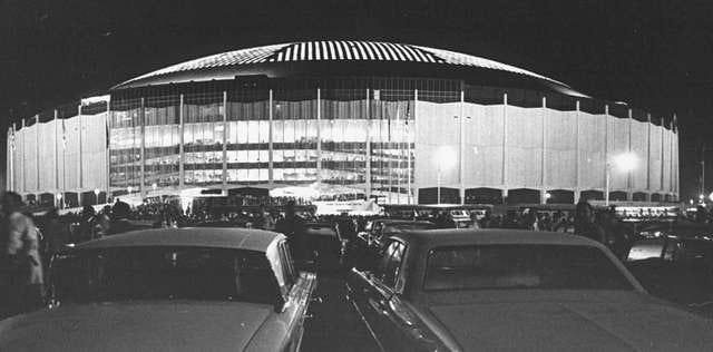 A black and white photo of the Astrodome the night it opened.