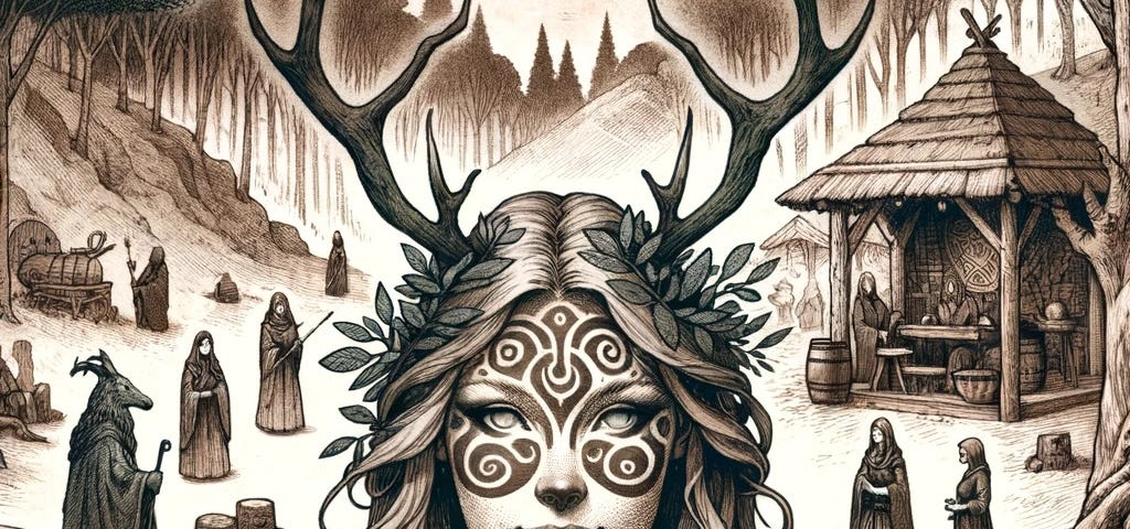 a druid woman stands before her enclave