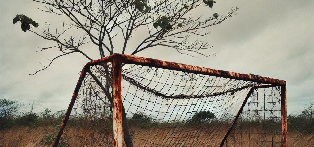 Figure 01: Image created by the Editor via DALL-E 3: An abandoned soccer field in Cabo Delgado symbolizing the waiting and uncertainty about the region’s future. The goalpost is rusty and partially collapsed, signaling the impact of destruction. The overcast sky adds a somber and desolate atmosphere.