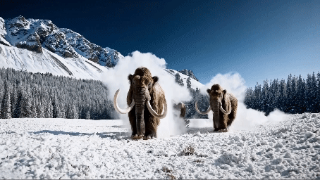 An AI generated video of a wooly mammoth by Sora AI.