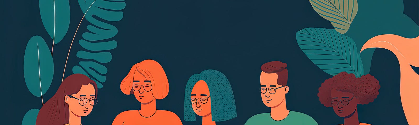 Illustration of five people wearing glasses holding books