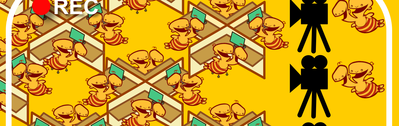 Dozens of copies of Double Fine’s “Two headed bee” logo sit at densely arranged cubicles, in front of computer screens. To the right, three more Double Fine Bees sit behind cameras, filming the workers. The image is bordered with a white frame labeled with “rec” and a red dot, imitating the user interface of a recording camcorder