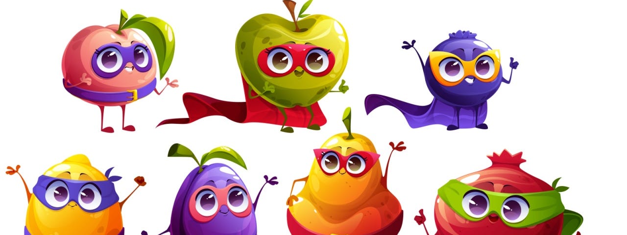 Funny fruit and berries superhero characters vector graphic