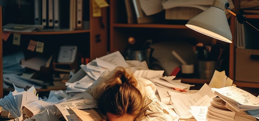 In this photo, we see an individual literally submerged amidst a sea of paperwork, their head resting on the desk indicating a possible state of stress, fatigue, or defeat.