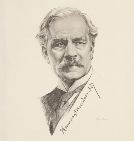 pencil sketch portrait of Ramsay MacDonald wearing a tie and formal dress