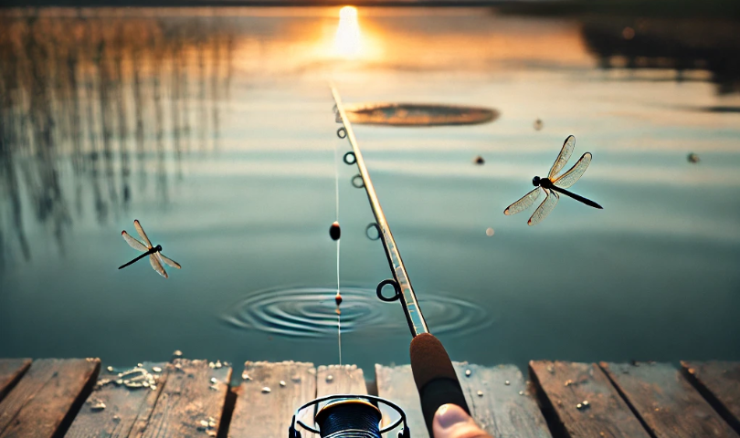 image of someone fishing at a peaceful lake pier