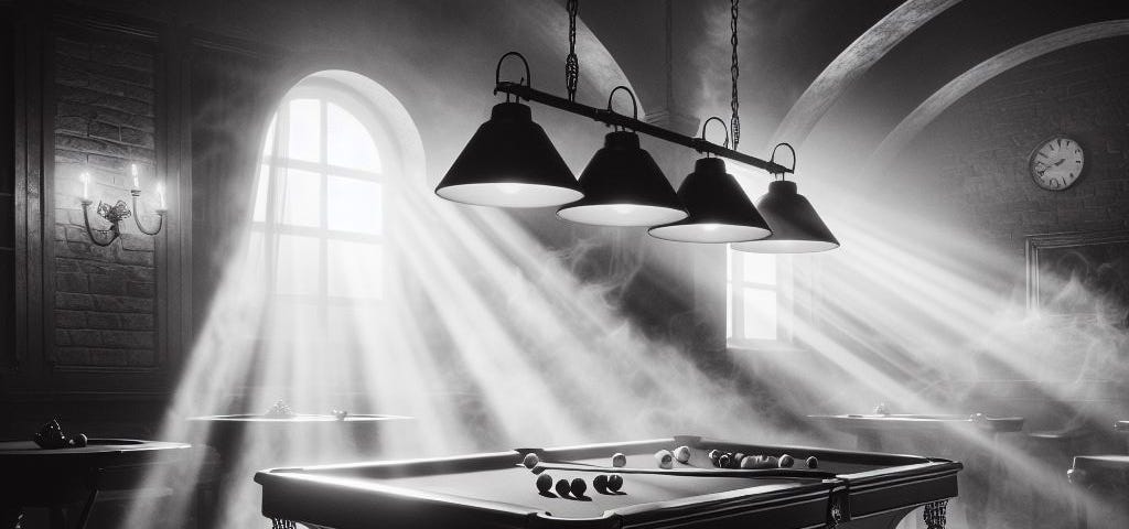 black & white photo of a billiards table in a smoky room