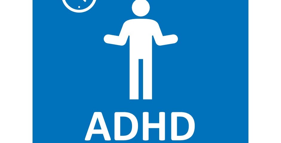 An image I created of a Blue Sign with a Silhouette of a Person shrugging, with an analogue clock above them, the sign reads “ADHD Waiting Zone”.
