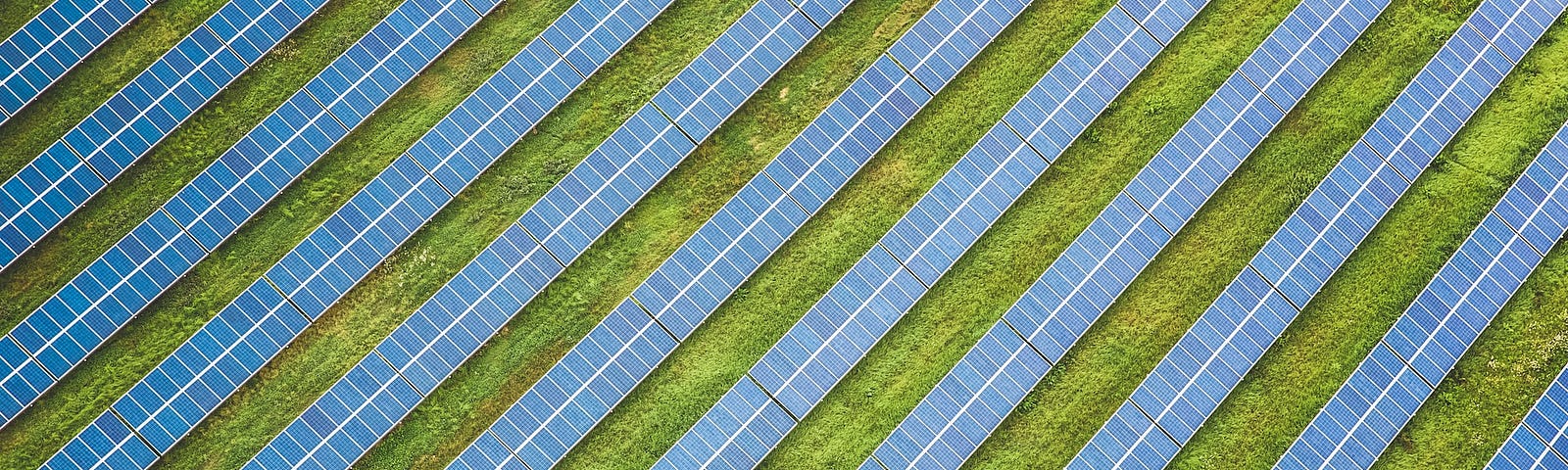 IMAGE: A huge array of solar panels generating a diagonal pattern of stripes alternating the grey of the solar panels with the green grass in between