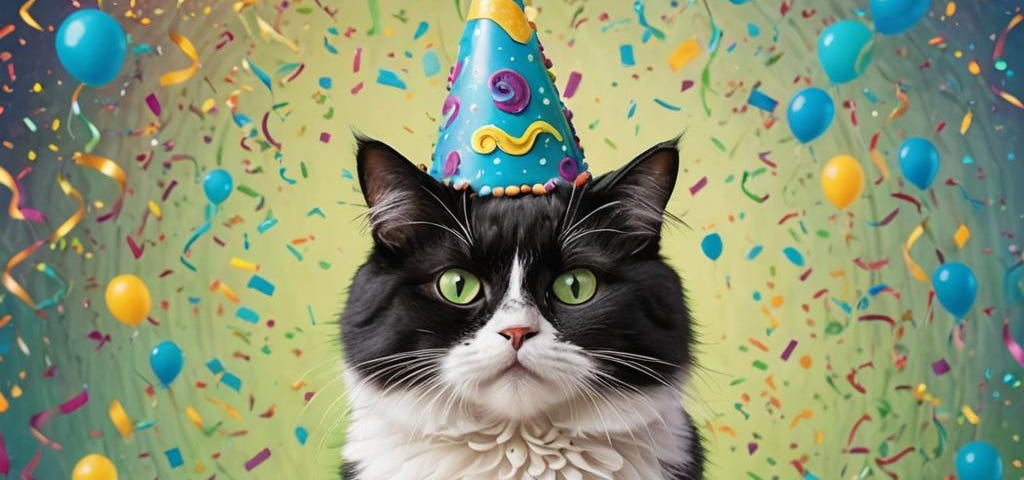 A black and white cat wearing a colorful party hat sits among celebratory decorations including balloons, confetti, and cupcakes. The background is filled with vibrant colors, creating a festive atmosphere.