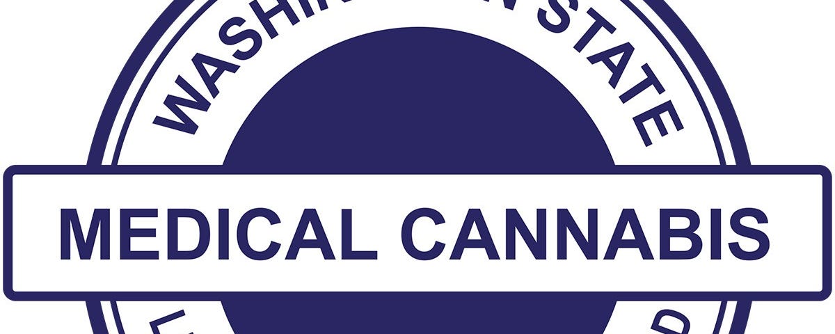 An image of the medical cannabis endorsement sticker from the LCB, a blue circle surrounded by “Washington State Liquor and Cannabis Board” with “Medical Cannabis” in the middle on a white background