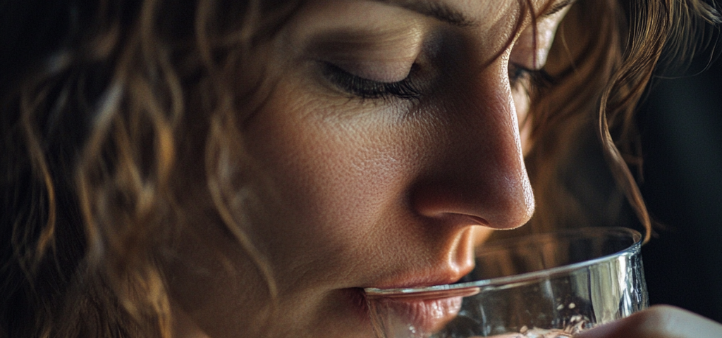 image of a woman attempting to drink from a glass of water