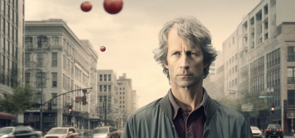 a depressed-looking middle-aged white man, graying hair, ((no beard, no mustache)), standing in the middle of a city intersection on a cloudy day, holding a very small empty glass bowl, with hundreds of cherries mysteriously floating around him, upward into the air and away from the man.