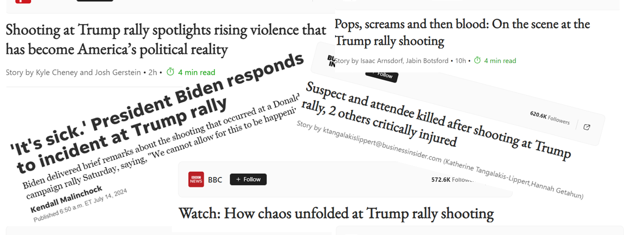 A collage of headlines about the purported assassination attempt on former President Trump.