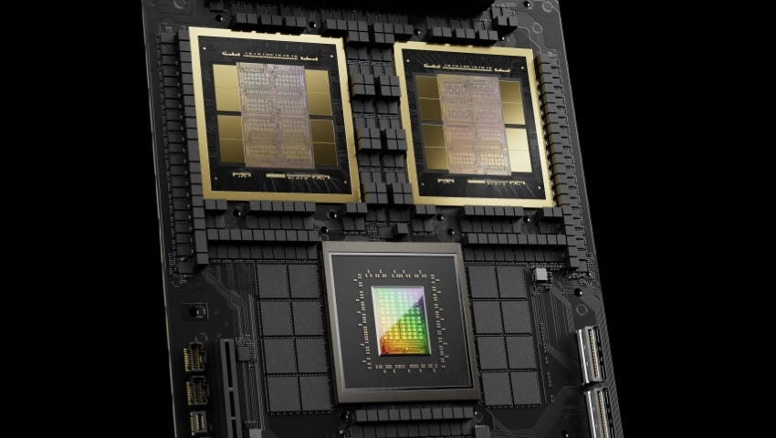 IMAGE: On a black background, an image of one of the latest superchips created by Nvidia in their Blackwell platform, named after the American statistician and mathematician David Blackwell