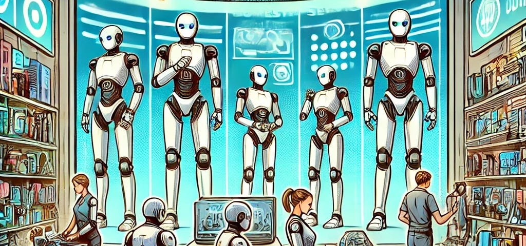 IMAGE: A comic-style illustration of a futuristic store showcasing a variety of humanoid robots designed for domestic service