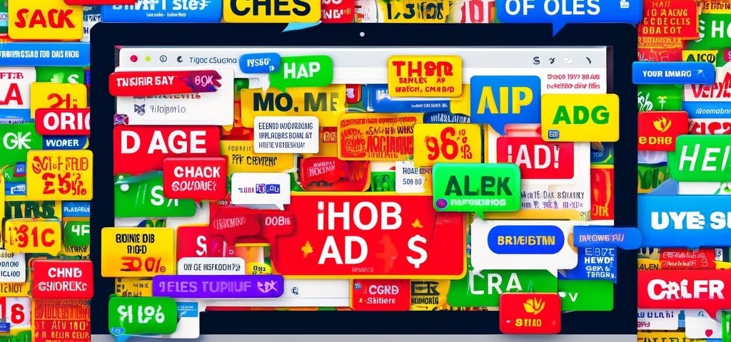 IMAGE: A computer screen displaying a webpage that’s inundated with a chaotic array of cheap and intrusive ads, capturing the frustration of a poor user experience